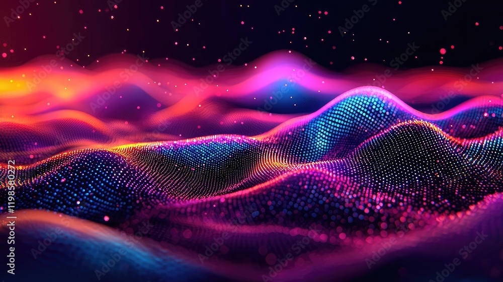 Poster dust pollution idea. vibrant abstract landscape with glowing waves and colorful particles in a digit
