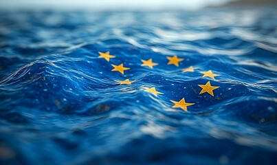 EU flag, ocean waves, stormy sky, climate change