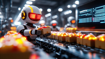 futuristic food processing plant with robots sorting and packaging food. scene showcases advanced technology and automation in vibrant, high tech environment