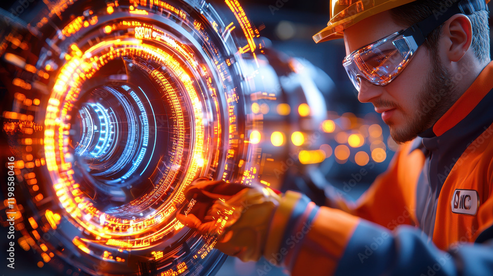 Fototapete focused engineer inspects complex technological interface, showcasing vibrant orange and blue lights