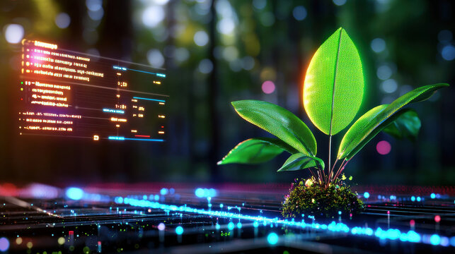vibrant plant growing in digital environment, symbolizing sustainability and technology. scene features glowing data elements, highlighting innovation in eco friendly design