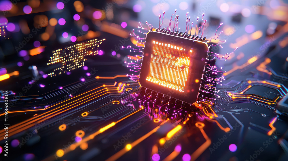 Poster vibrant microchip surrounded by glowing circuits and digital elements, showcasing advanced technology and innovation in electronics