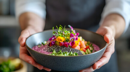 A vibrant, colorful bowl of fresh salad topped with edible flowers, seeds, and various vegetables, presented by a person in a kitchen setting.