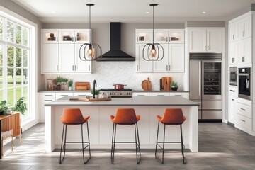 Modern White Kitchen Island with Orange Stools and Stainless Appliances