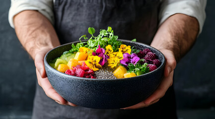 A vibrant fruit bowl garnished with edible flowers, showcasing a colorful mix of fresh fruits held by a person.