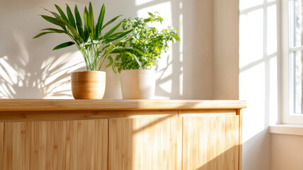 Fototapeta premium Eco friendly kitchen with bamboo cabinet and potted plants, showcasing sustainable design and natural light. serene atmosphere enhances space appeal