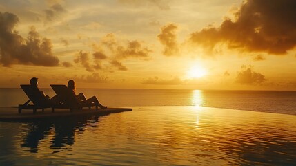 Couple relaxing poolside at sunset, ocean view