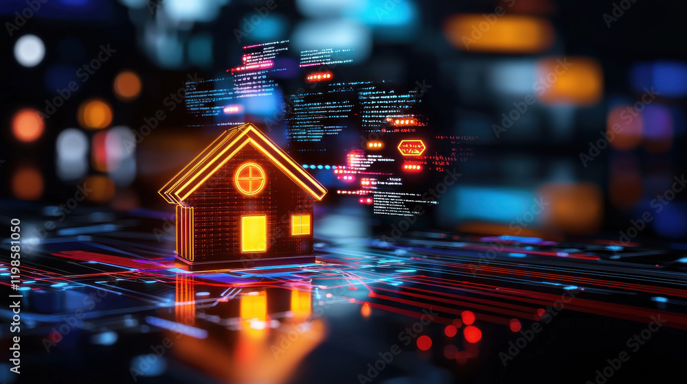 Poster digital representation of smart home with glowing features, showcasing advanced technology and data 