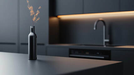 sleek black kitchen featuring modern design with minimalist vase holding delicate branches. ambient lighting enhances high tech atmosphere, creating sophisticated space