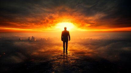 Fototapeta premium Man facing fiery sunset over city, hope