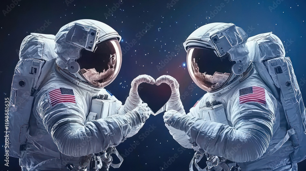 Poster two astronauts in space create a heart shape with their hands, symbolizing love and connection amids