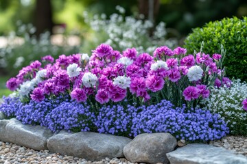 Obraz premium Colorful carnations blooming in a garden border with blue aubretia and white alyssum