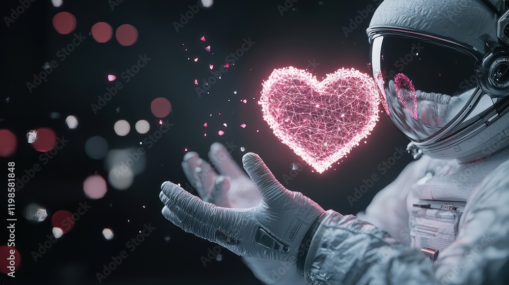 Poster an astronaut in space creates a glowing heart with particles, symbolizing love and connection amidst