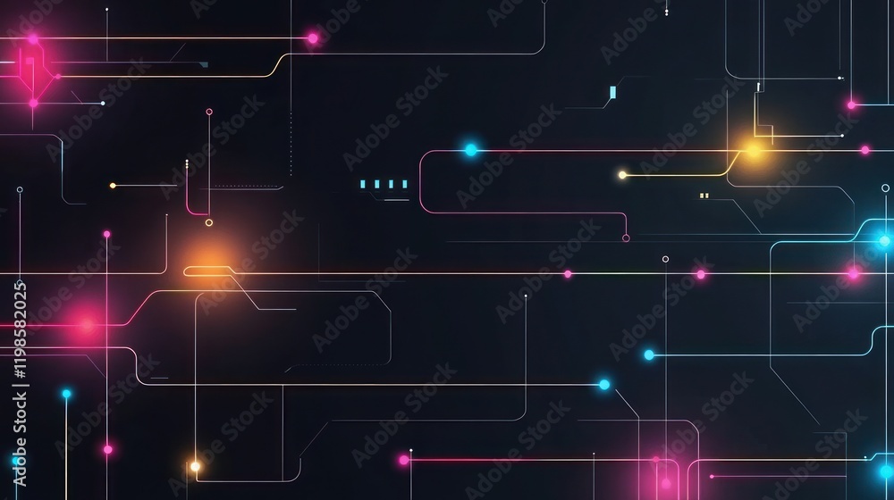 Poster abstract technological network: a vibrant digital illustration showcasing interconnected nodes and g