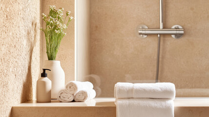 serene spa like bathroom featuring walk in rain shower, neatly arranged towels, and decorative vase with flowers. warm tones create calming atmosphere