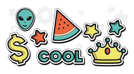 Hippie retro stickers. Cartoon psychedelic vintage clip art. Flower and mushroom. 70s style. Peace symbol. Rainbow and pizza piece. Sun and stars. Heart shaped sunglasses. Vector hippy elements set.