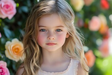 Fototapeta premium Portrait of adorable blonde girl posing in rose garden