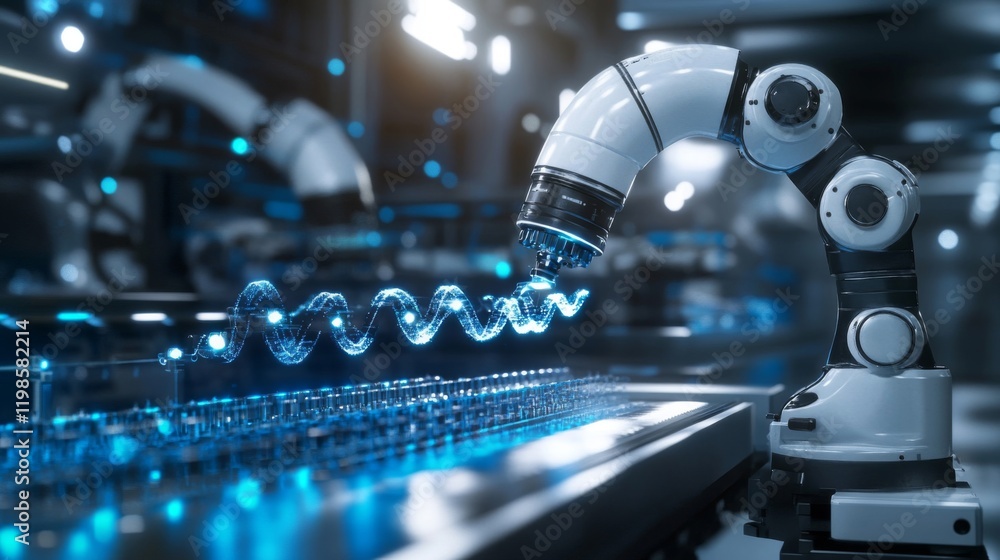 Poster robotic arm manipulating glowing blue spiral data stream in futuristic factory setting