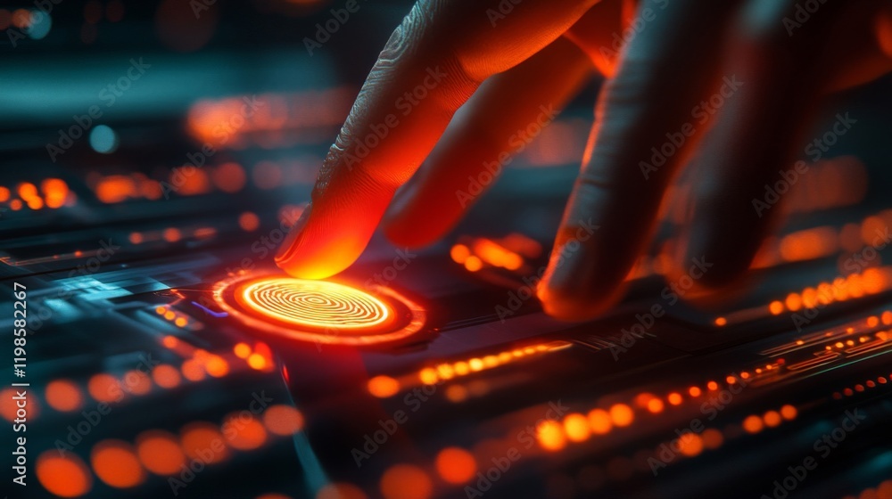 Poster glowing fingerprint scan on futuristic tech interface