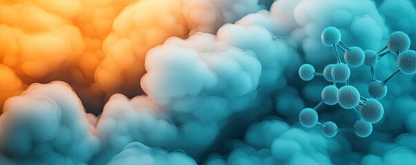 Dust pollution idea. Colorful molecular structure surrounded by ethereal clouds in blue and orange tones.