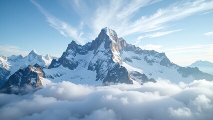 Obraz premium A majestic Matterhorn peaks through snowy clouds from an aerial view, its sharp summit slicing to the right amidst a stunning alpine range