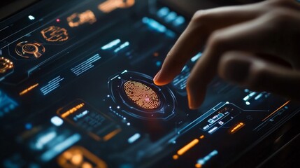 Obraz premium Human Finger Interacting with a Glowing Brain on a Futuristic Digital Interface
