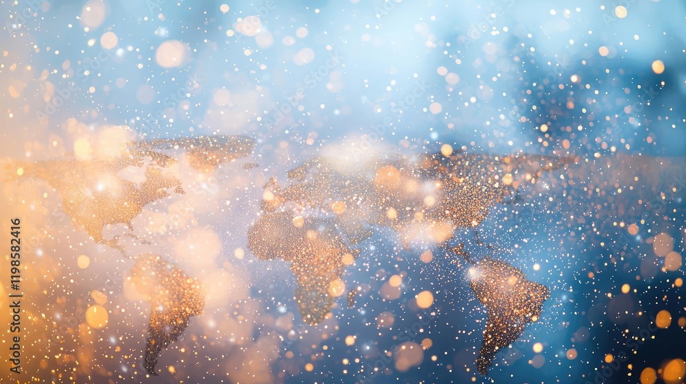 Poster dust pollution concept. abstract representation of a world map with glittering bokeh effects and blu