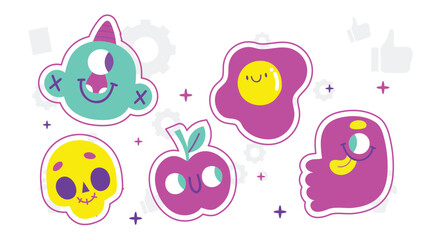 Groovy doodle set with hearts in Y2k aesthetic with lettering, geometry, animal print, butterfly, fire. Retro love symbol from 90s and 00s. Hand drawn outline heart with pattern.