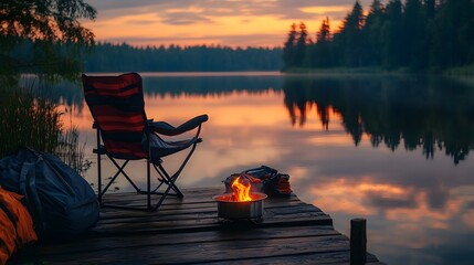 Fototapeta premium Tranquil Sunset Lakeside Camping Scene With Campfire