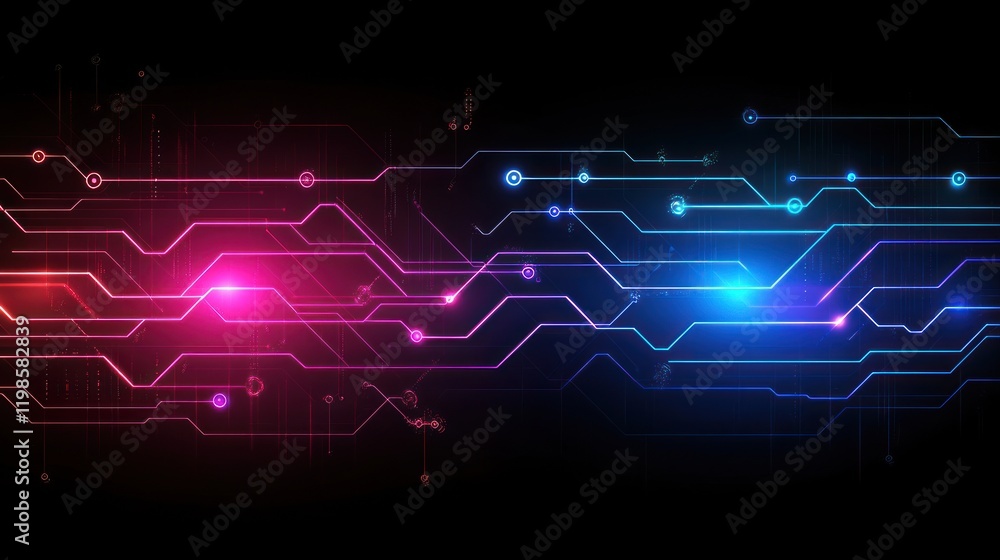 Poster abstract digital circuitry: neon hues and data streams