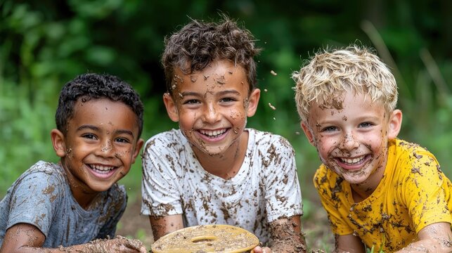 Happy muddy boys playing outdoors, summer camp fun