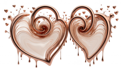 A series of small liquid rose gold hearts, melting and merging into each other, creating an abstract metallic flow, on a white transparent background PNG