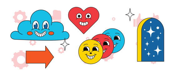 Groovy doodle set with hearts in Y2k aesthetic with lettering, geometry, animal print, butterfly, fire. Retro love symbol from 90s and 00s. Hand drawn outline heart with pattern.