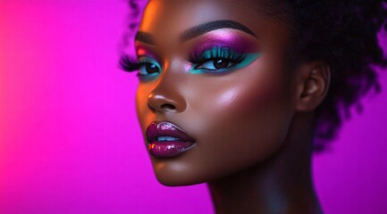 Naklejka premium A confident black woman with dramatic colorful makeup gazes at the viewer, perfect for high-fashion campaigns, empowerment themes, and beauty product promotions.