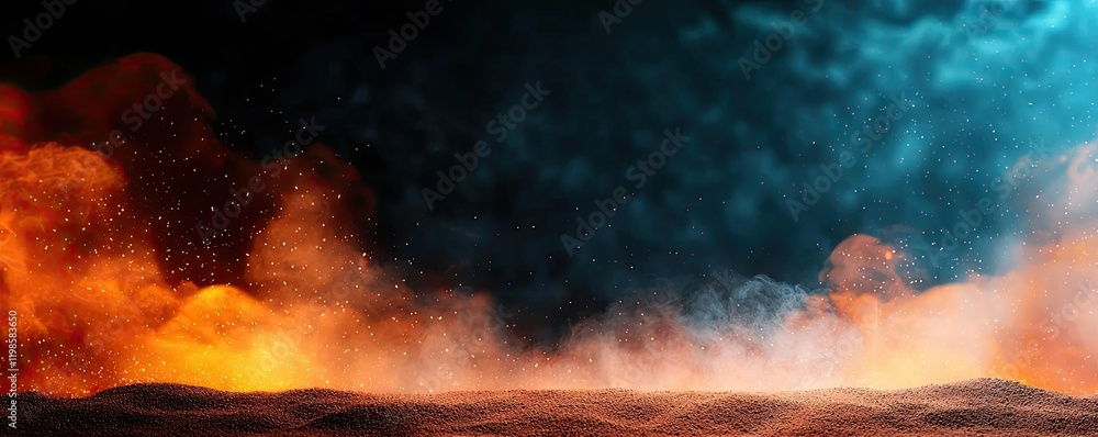 Poster dust pollution idea. dynamic landscape of colorful smoke and fog creating a surreal atmospheric effe