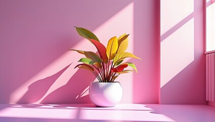flower in vase photography in pink colorful wall background for product display, presentation and background design