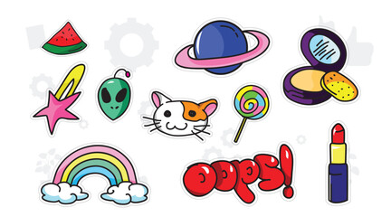 Modern Cute 80s-90s Retro Girl Power Isolated Fashion Cartoon Illustration Set Suitable for Badges, Pins, Sticker, Patches, Fabric, Denim, Embroidery and Other Girly Related Purpose