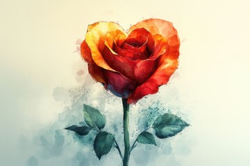 Watercolor Rose Heart Illustration in Vibrant Red and Yellow Hues