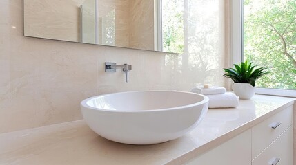 Fototapeta premium Modern bathroom sink, countertop, towels, plants, window view