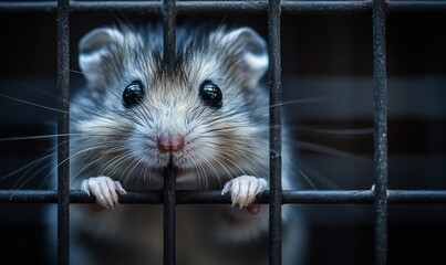 Obraz premium Curious hamster in cage, dark background, pet portrait