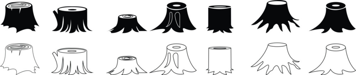 tree stump icon set or logo isolated signs symbol vector ,high quality black style icons, lumber industry material silhouette , cut trees structure textured, isolated on transparent background.