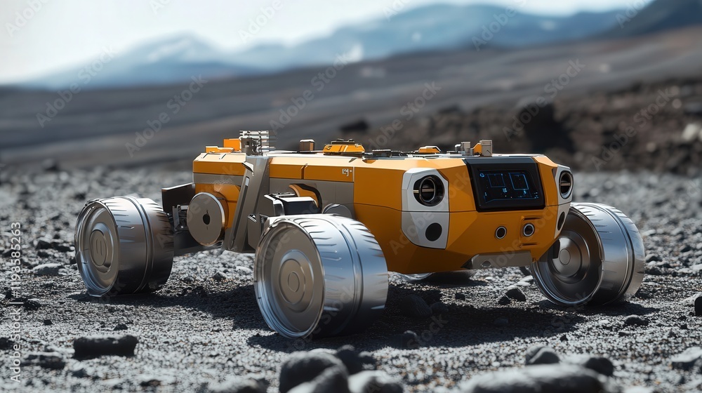 Poster concept robot designed for space exploration, capable of analyzing planetary surfaces and collecting