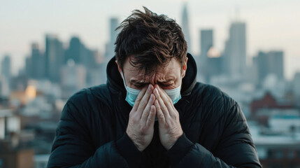 man wearing mask is coughing into his hands, showing distress in urban setting