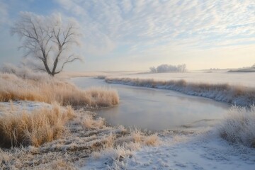 Frozen river flowing through snowy landscape on a frosty winter morning