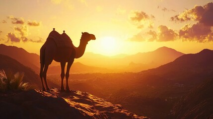 Majestic Camel Silhouette at Sunset Over Dramatic Mountain Landscape