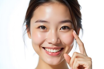 Fototapeta premium Charming young woman pointing with finger to her side, looking at camera, isolated on plain white background