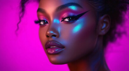 Fototapeta premium A confident young black woman with dramatic makeup against a stylish purple backdrop, ideal for beauty campaigns, fashion editorials, and empowerment-themed events.