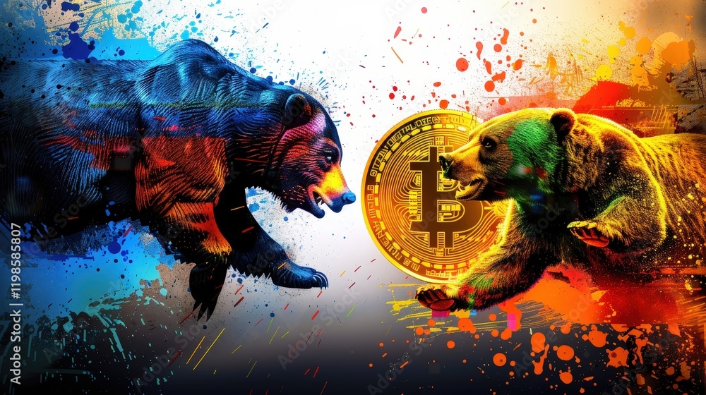 Poster dynamic clash of colorful bears and bitcoin symbol in vibrant art style