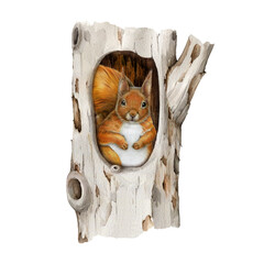 Cute red squirrel hiding in a tree hollow hand drawn illustration. Forest wildlife small animal. Cute fluffy red squirrel sitting i hollow tree vintage style realistic image on white background © anitapol