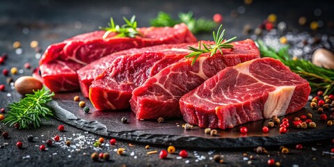 Gourmet Raw Angus Beef Slices on Black Stone:  High-Resolution Bokeh Food Photography
